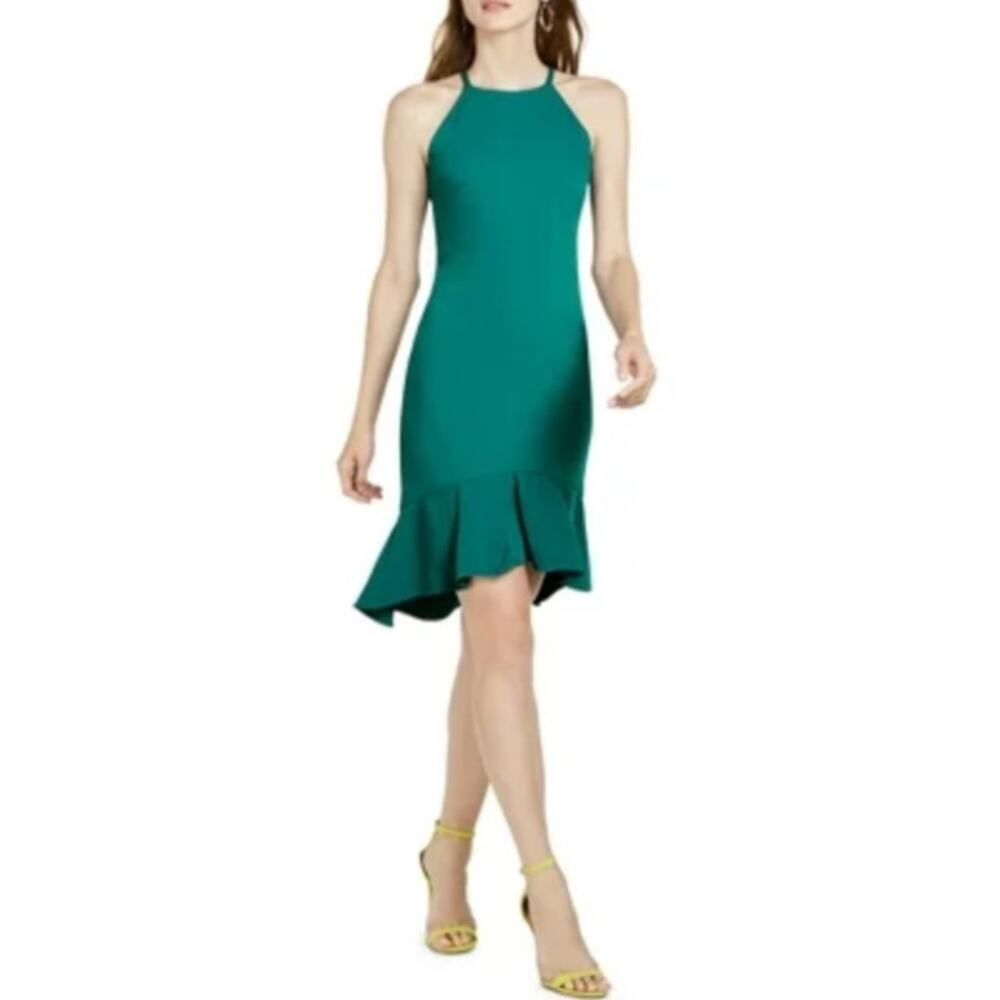 Trina Turk Green Cocktail Dress Sleeveless Halter High-Low Ruffled Sheath Size 4